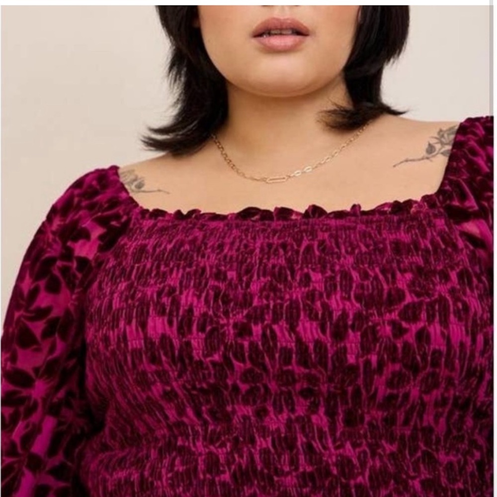 TORRID Velvet Smocked Blouson Sleeve Crop Top Floral Burgundy Womens 3X